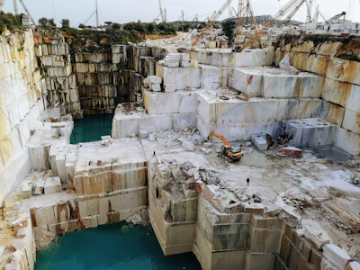 Stone quarry with stacked mineral blocks