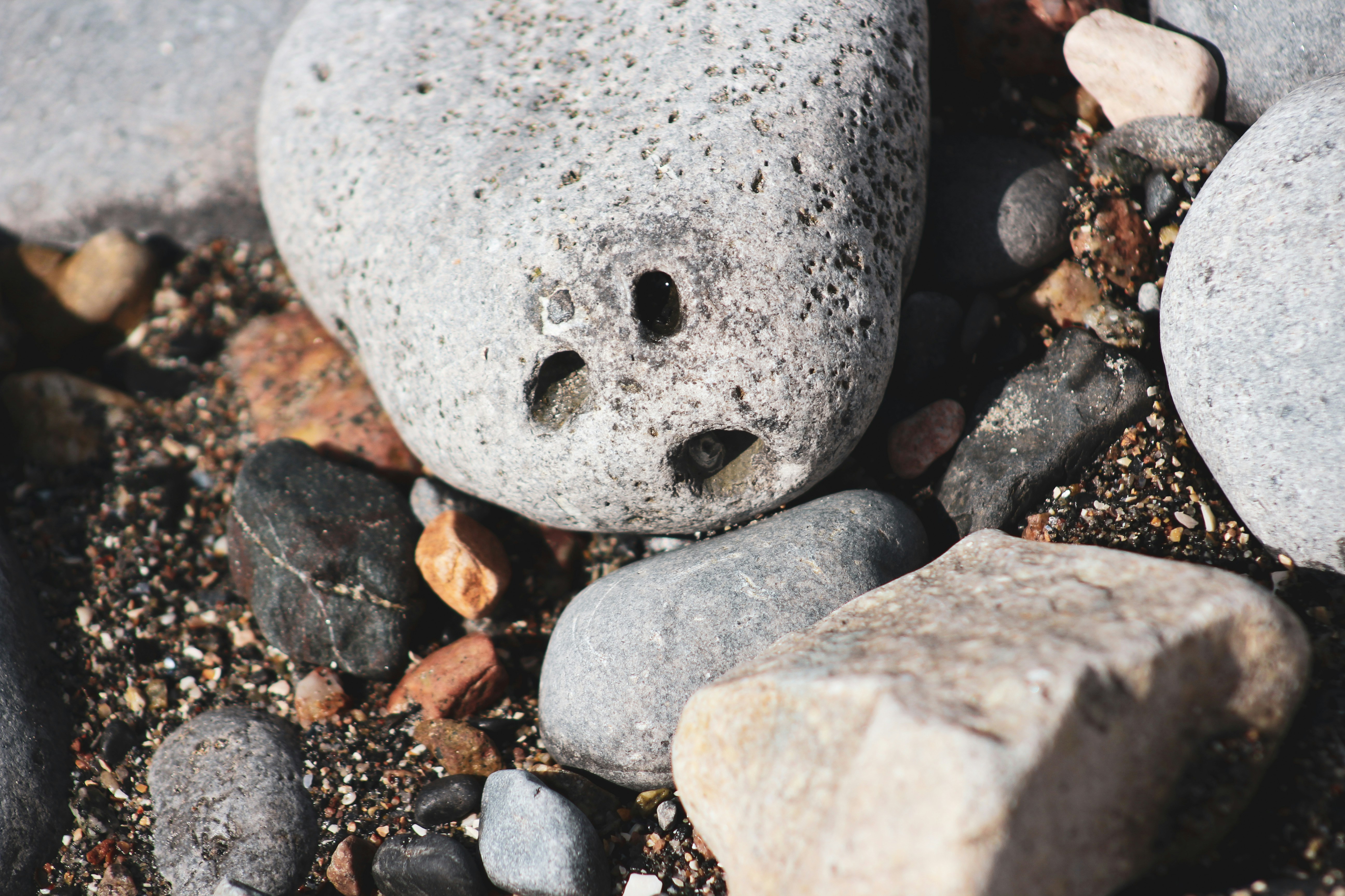 a group of stones on the ground; one stone has three holes that look like two eyes and an open mouth