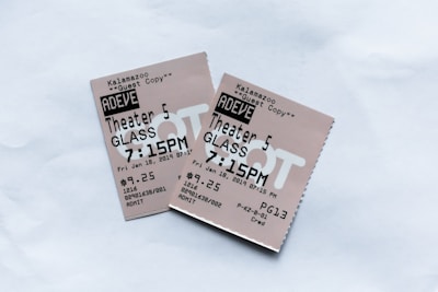 Two movie tickets for a showing of the film 'Glass' at Theater 5 on Friday, January 18, 2019, at 7:15 PM. The tickets are priced at $9.25 each and are marked as guest copies from a location in Kalamazoo.