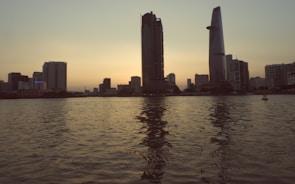 City skyline with financial district buildings at sunset