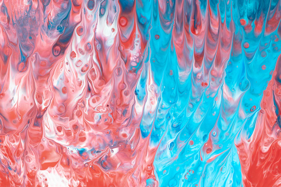Vibrant abstract painting with red, blue, and white colors creating an impressionistic style