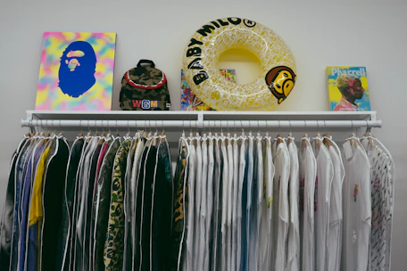 Creative custom apparel graphics displayed on a modern urban-style clothing rack.