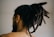 A person with their back turned is visible, showcasing their dreadlocked hair tied up with a blue band. The individual is wearing an earring in one ear, and the overall setting appears to be indoors with a neutral-colored wall in the background.