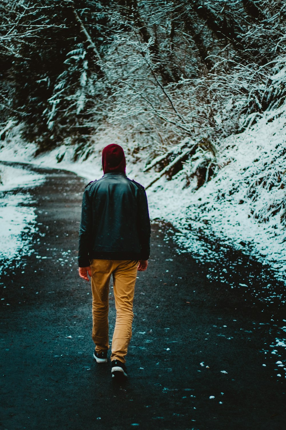 hombre caminando por la carretera rodeado de árboles cubiertos de nieve