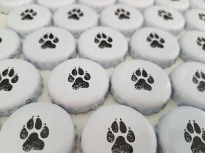 A colorful display of pet vaccination cards with playful paw print designs.