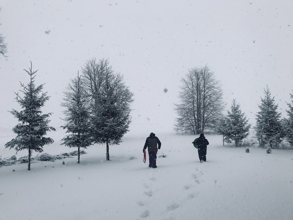 Zwei Personen gehen auf Schnee