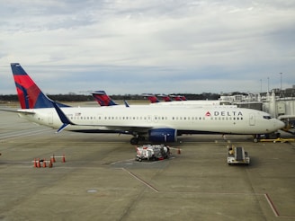 A commercial airplane with Delta Airlines branding is parked at an airport gate. The plane is white with blue and red coloring on the tail. Several orange traffic cones are placed beside the vehicle near the landing gear. Jet bridges connect to the terminal in the background, and a cloudy sky is visible overhead.