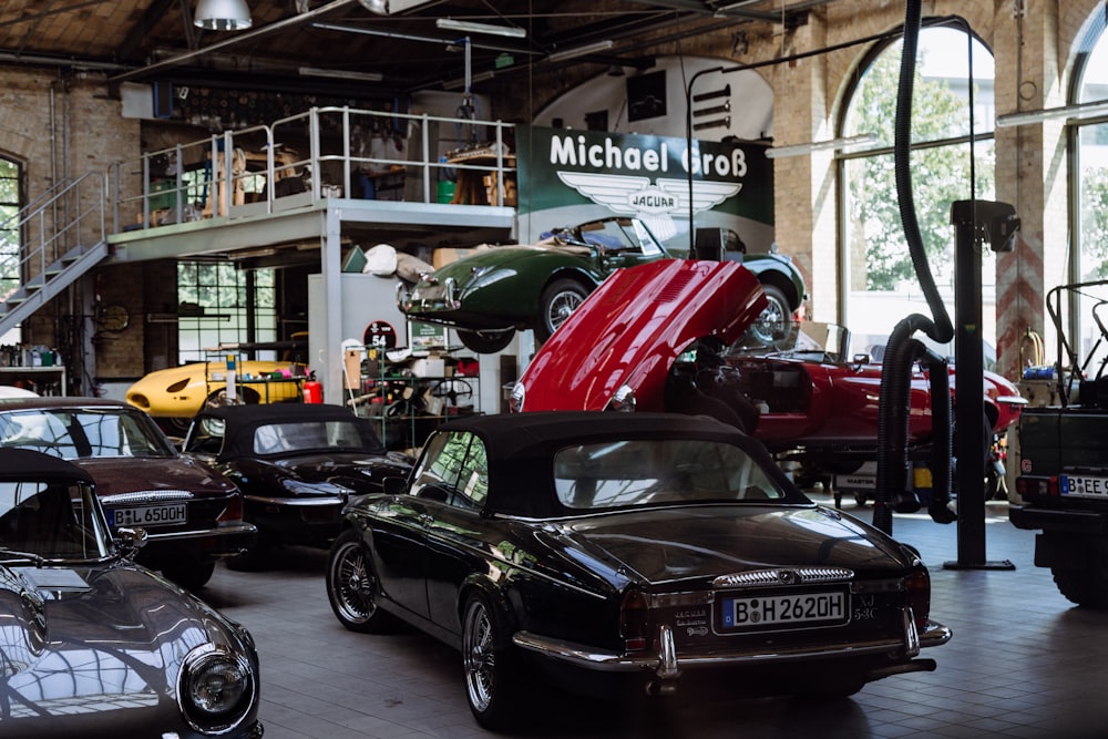 assorted-color vehicles inside building