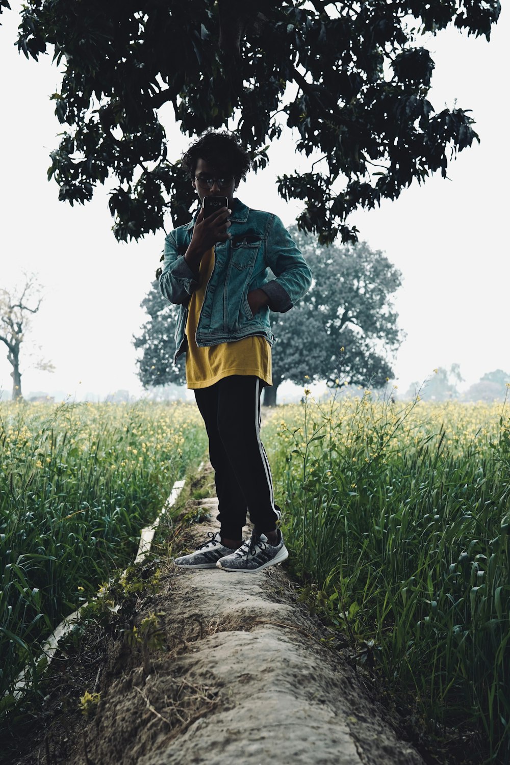 man standing under green trees