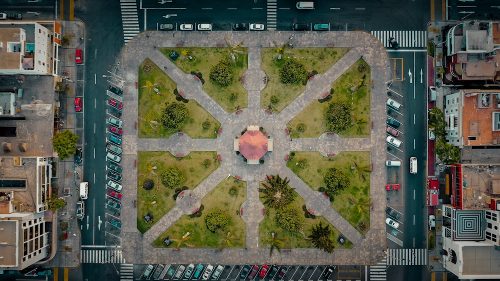 aerial photo of park between the roads