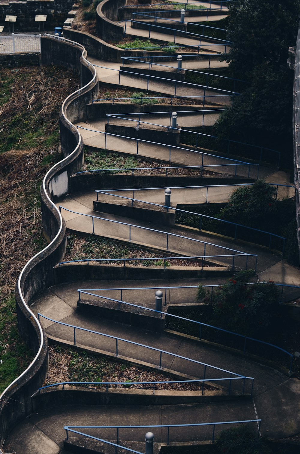 high angle photography of gray rails