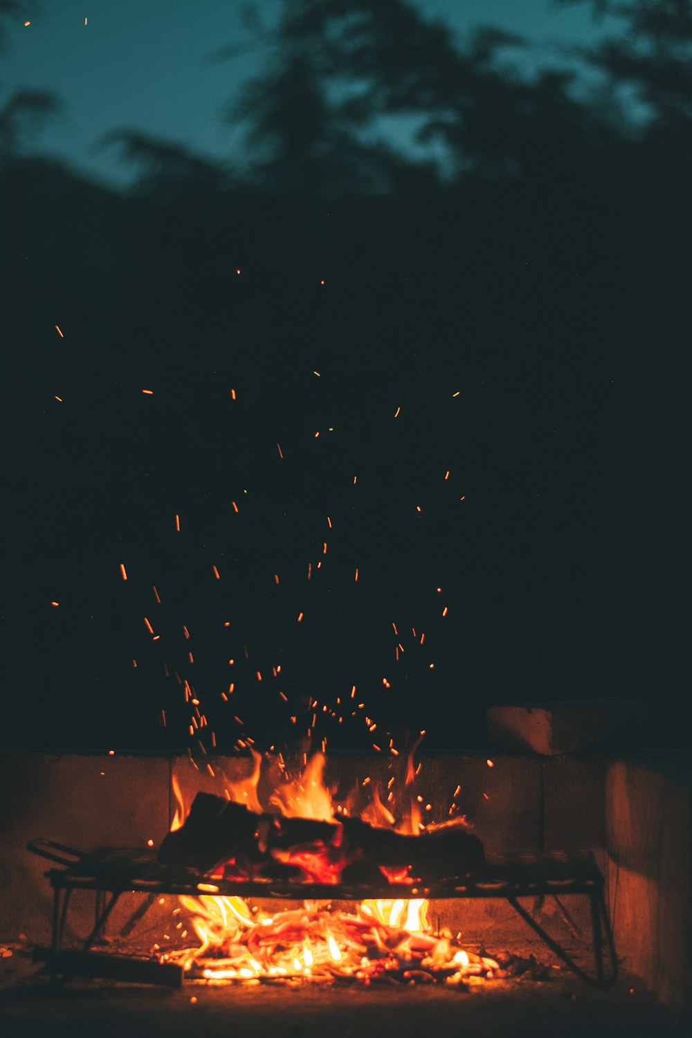 meat roasting on wood-fired grill outdoors at nighttime