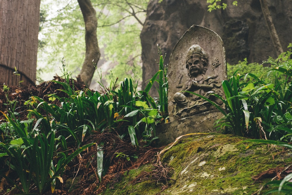 gray embossed statue surrounded by grass