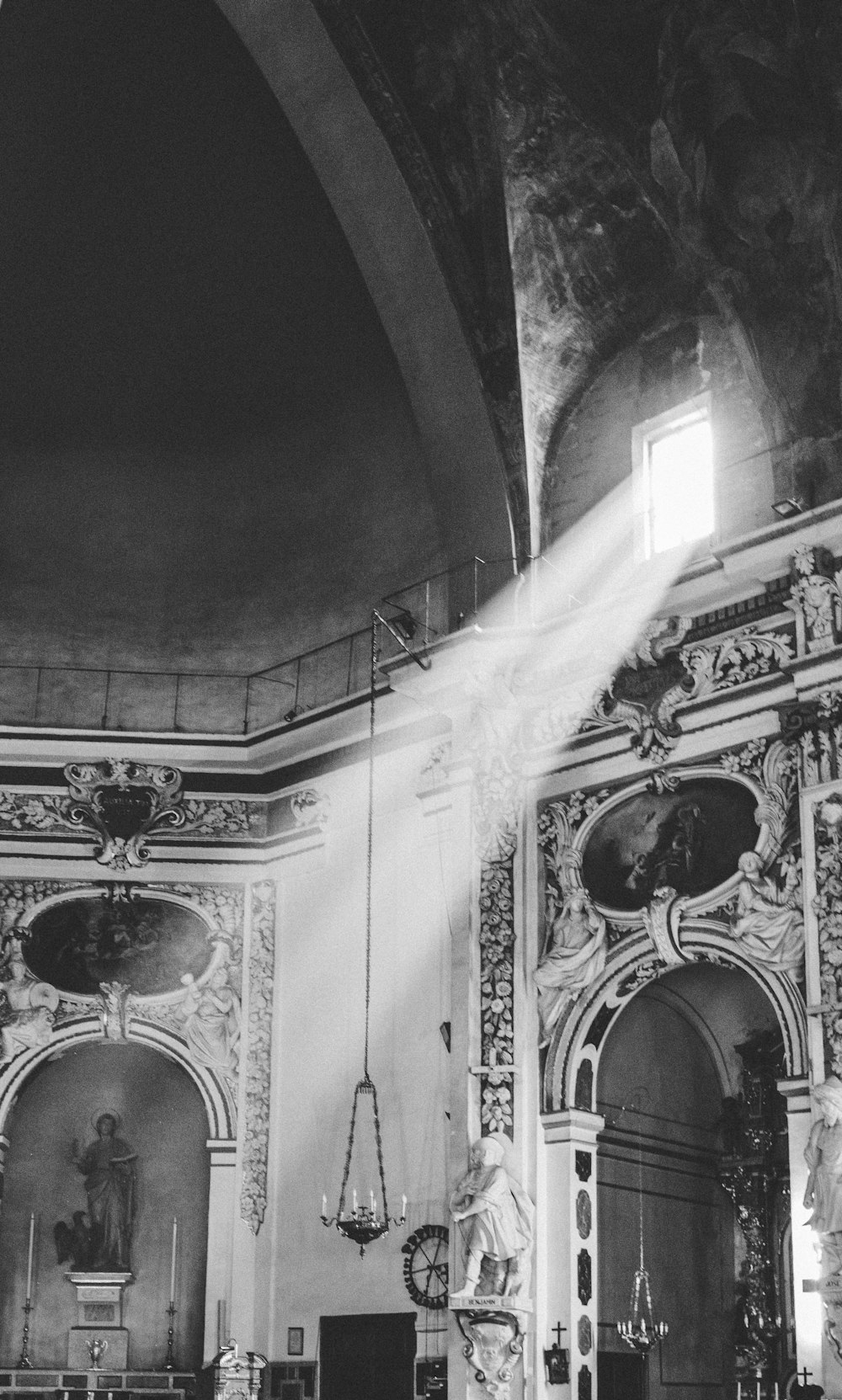 grayscale photo of church interior