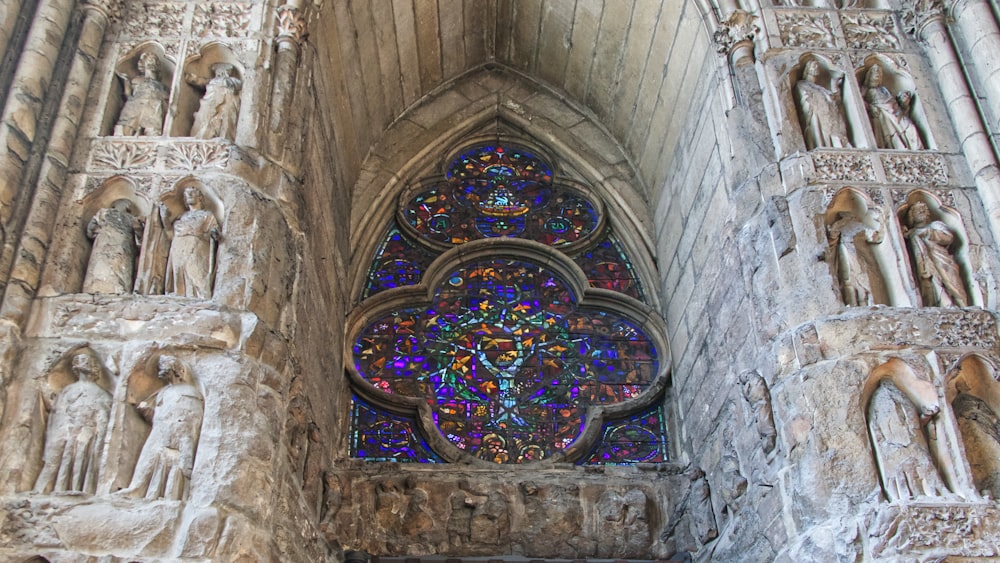 purple and blue stained glass window