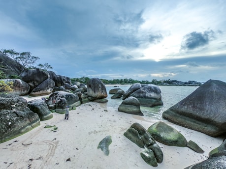 person standing beside rock near body of water during daytime