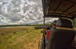 A person is seated in an open vehicle, using a large camera with a telephoto lens to photograph wildlife. The scene includes grassy plains under a dramatic, cloudy sky, with a dense tree line in the distance.