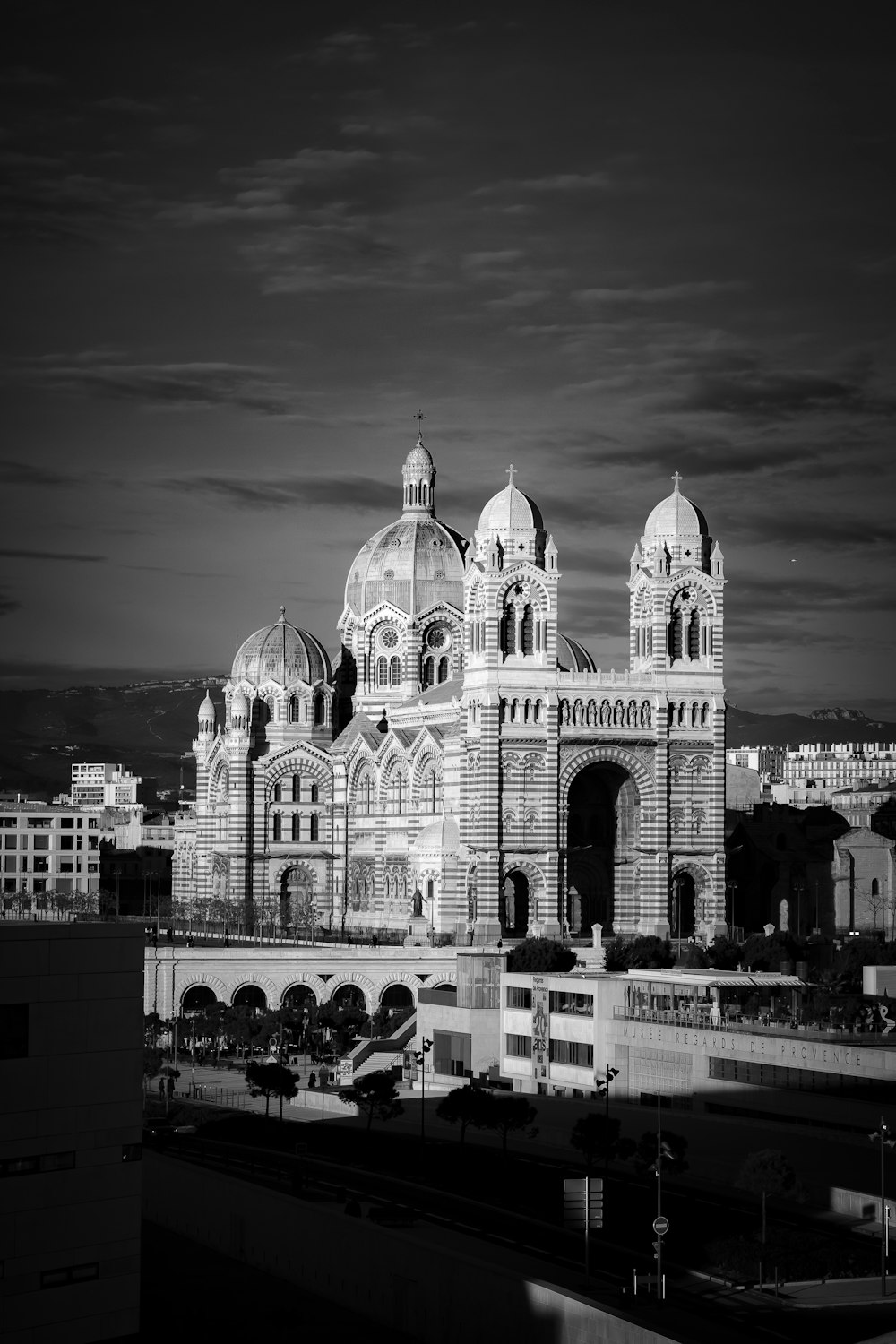 monochrome photography of building