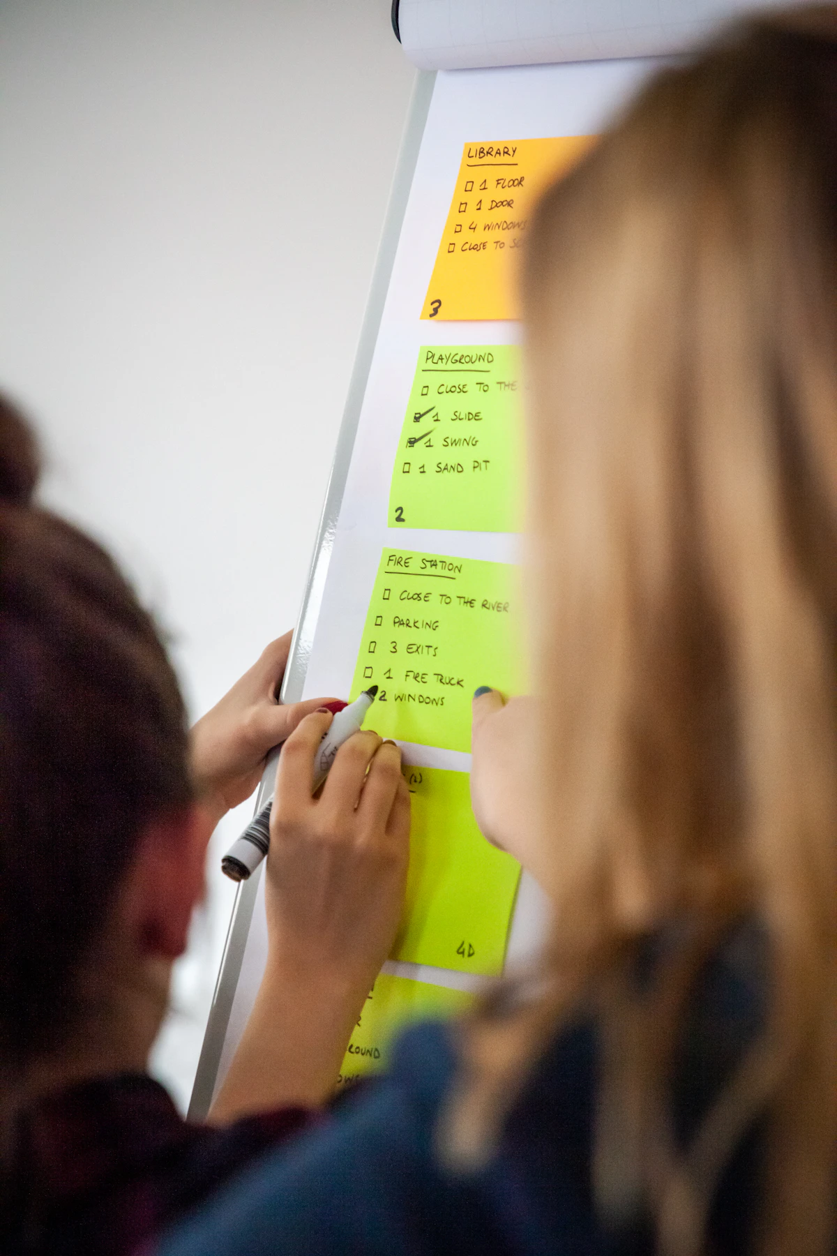 Two people at a whiteboard writing an itemised checklist onto lime and orange sticky notes