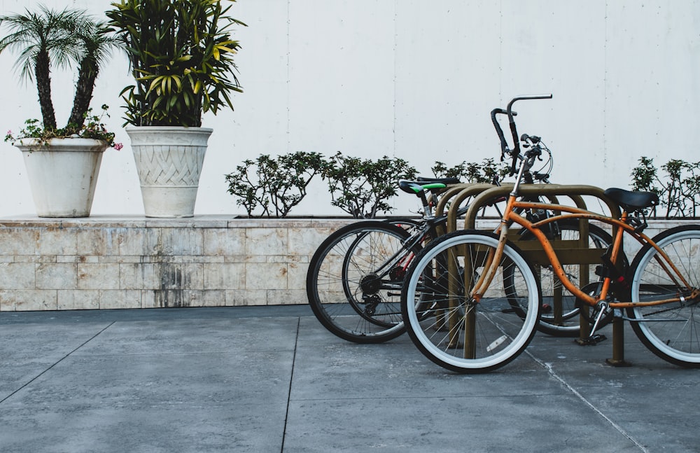 different bikes parking near road