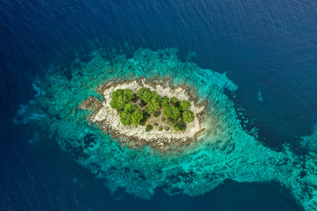 aerial green island, Beautiful view of little island called Krbelica