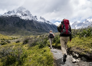 two person walking towards mountain covered with snow