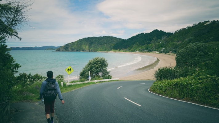 A lone person with a backpack is walking along a curved road by the beach. The sea is calm with turquoise and blue colors blending together, while the beach is sandy and stretches towards distant green hills. There are a lot of green trees and vegetation on either side of the road. A yellow caution sign is seen near the side of the road. The sky is partly cloudy.