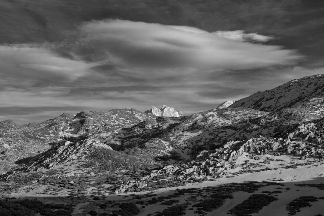grayscale photography of mountains