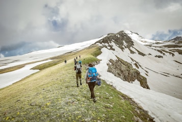 Hikers trek along a snow-covered mountain ridge, surrounded by patches of green grass dotted with yellow flowers. The sky is overcast with thick clouds, casting a muted light over the scene. The hikers wear backpacks and are bundled for cold weather, suggesting a challenging outdoor adventure.