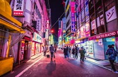 people walking between city building