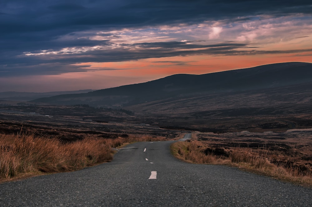 asphalt road between grass field