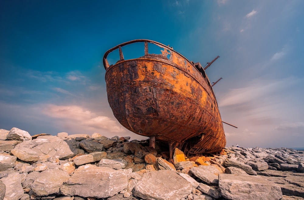 wrecked boat on rock