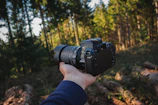 A traveler holding a DSLR camera, ready to snap wildlife moments in the forest