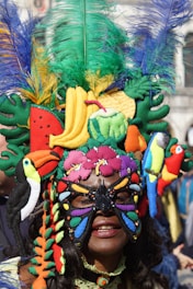 A colorful catrina headpiece adorned with traditional elements.
