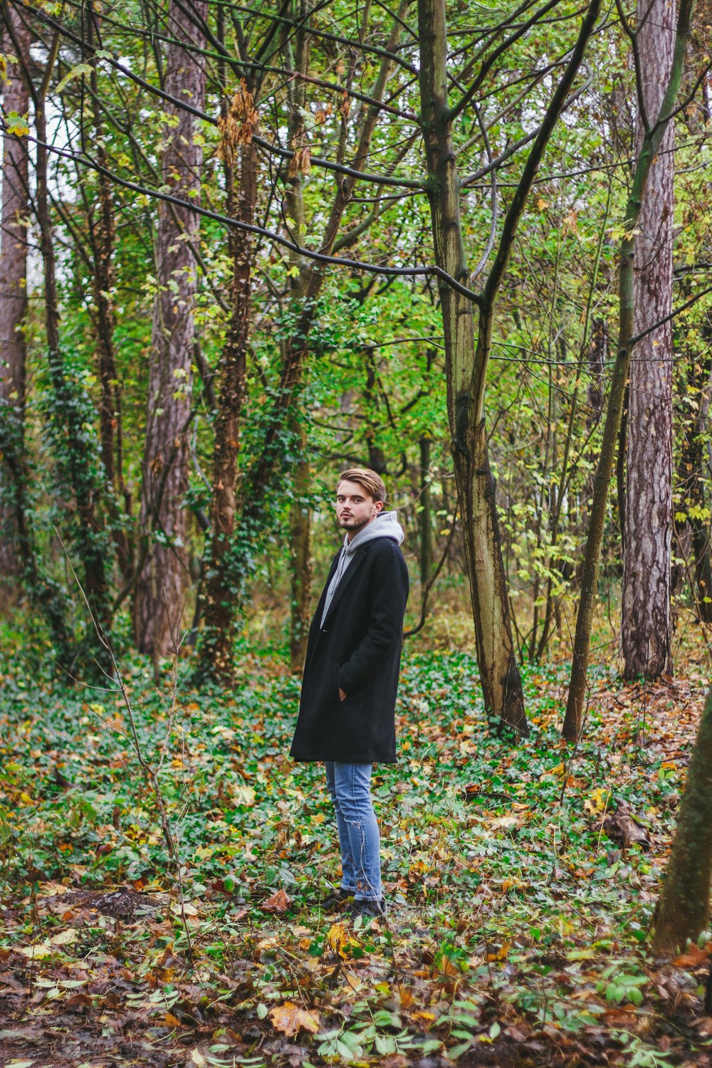 man standing surrounded trees