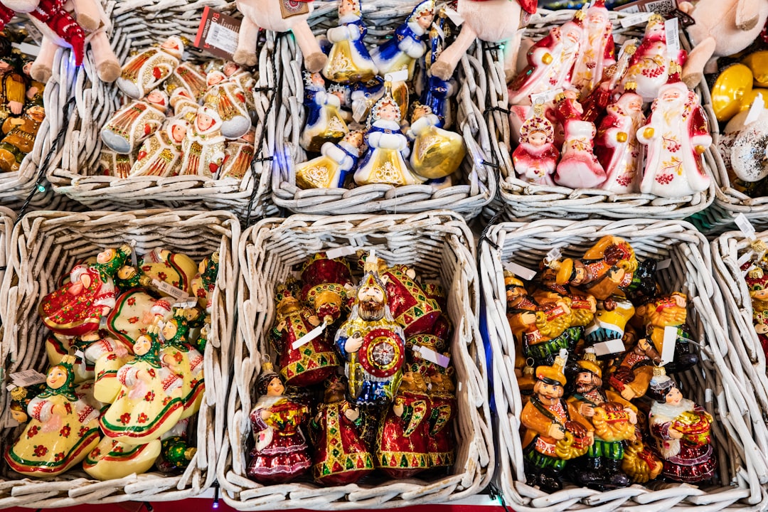 white wicker baskets with assorted figurines