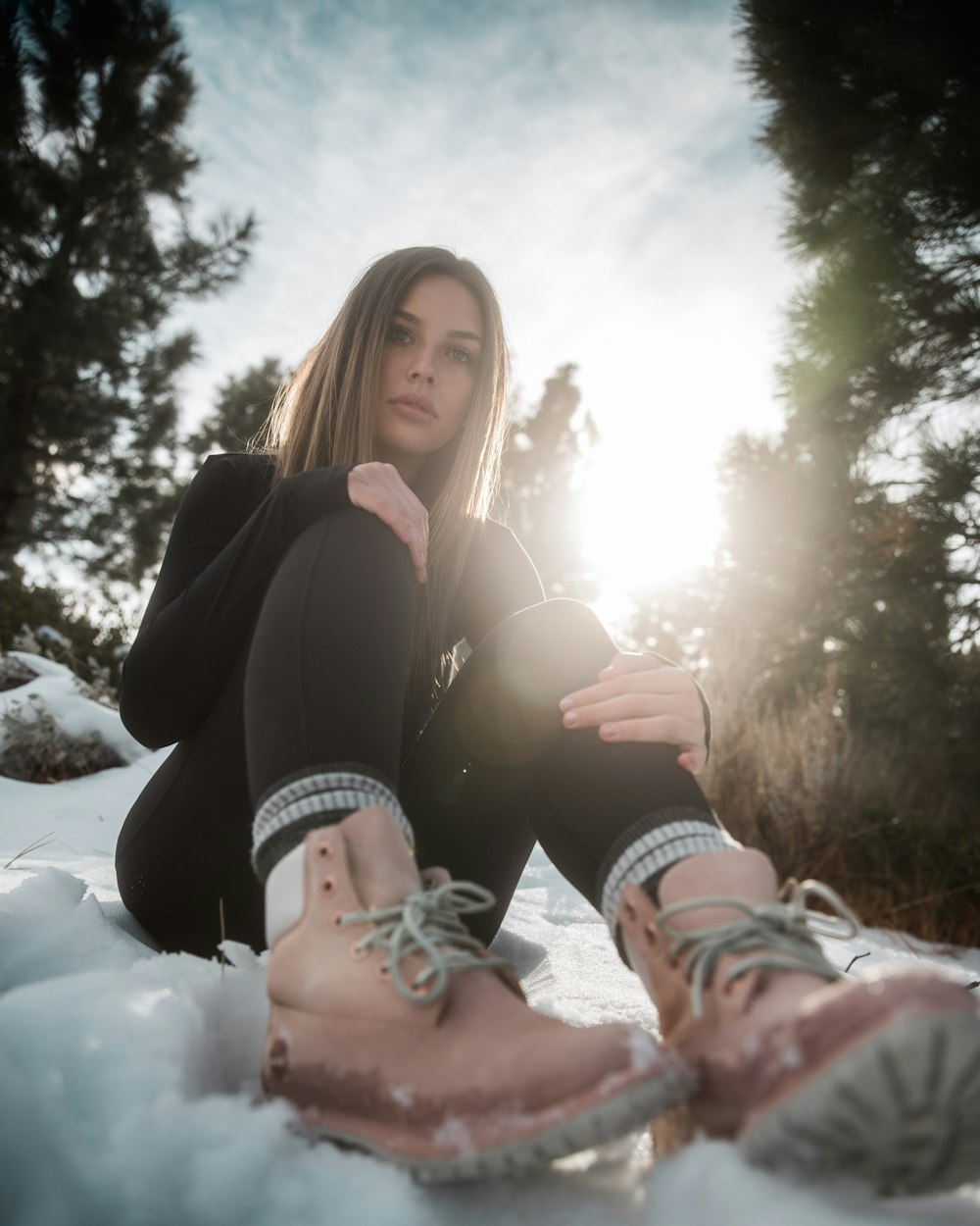 woman wearing brown Timberland work boots