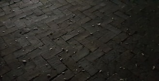 A spacious brick patio featuring a classic herringbone pattern under soft evening light.