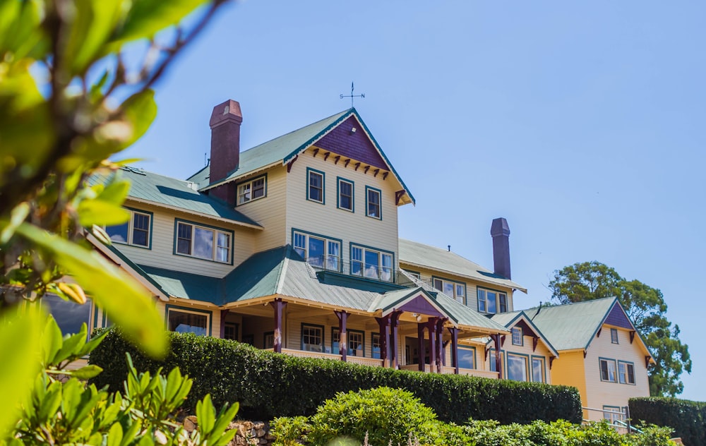 view of white and green house behind hedge during daytime