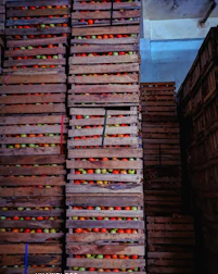 Temperature-controlled storage rooms filled with neatly stacked fruit crates.