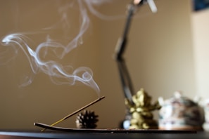 Soft smoke curling up from a lit sondhee dhoop cone in a serene indoor setting.
