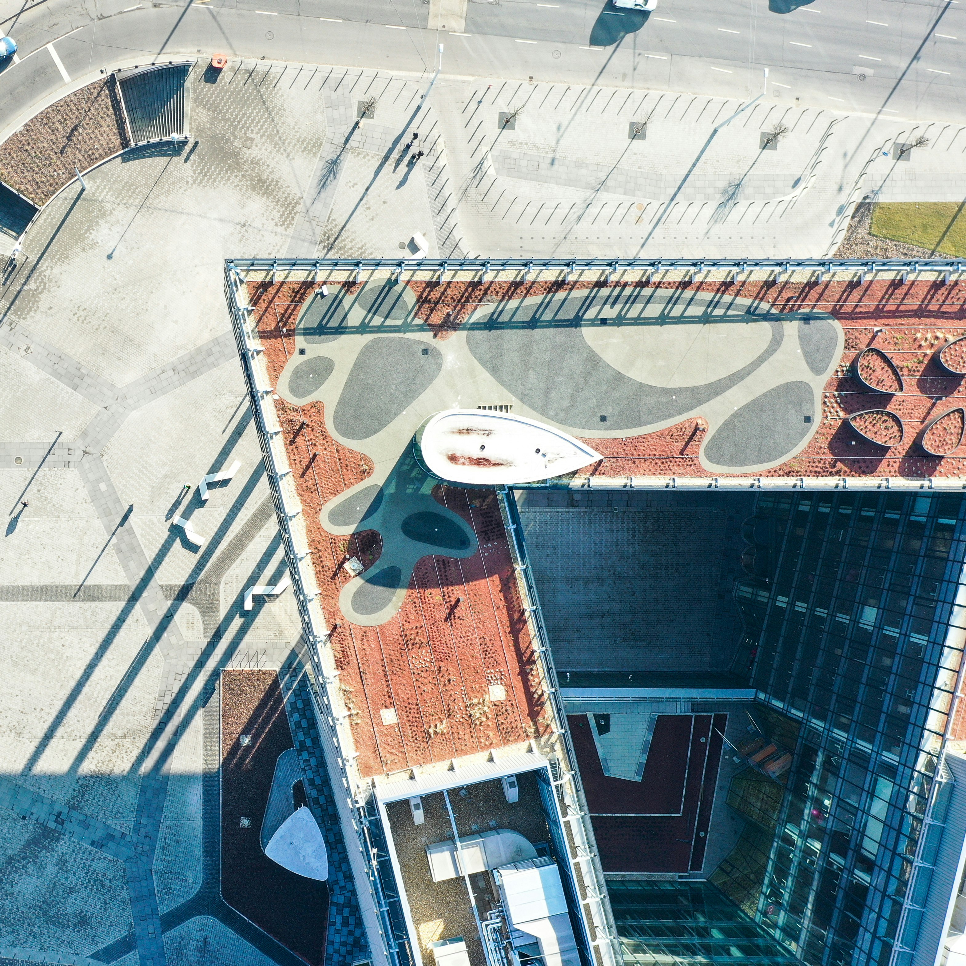 aerial view of building and road