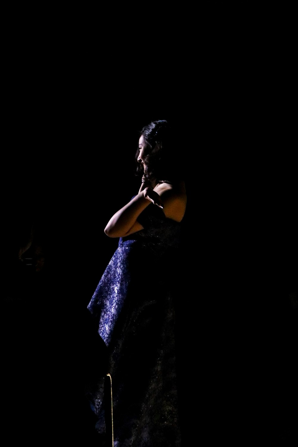 woman wearing blue gown in dim light