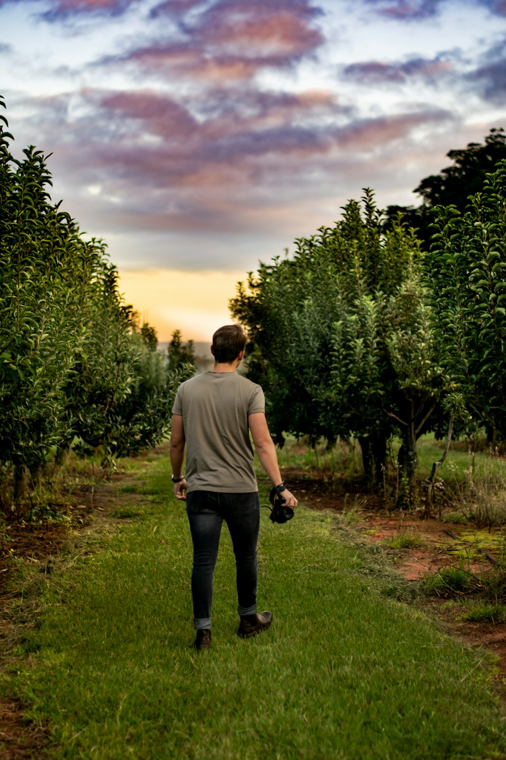 man walking on farm road under nimbus clouds