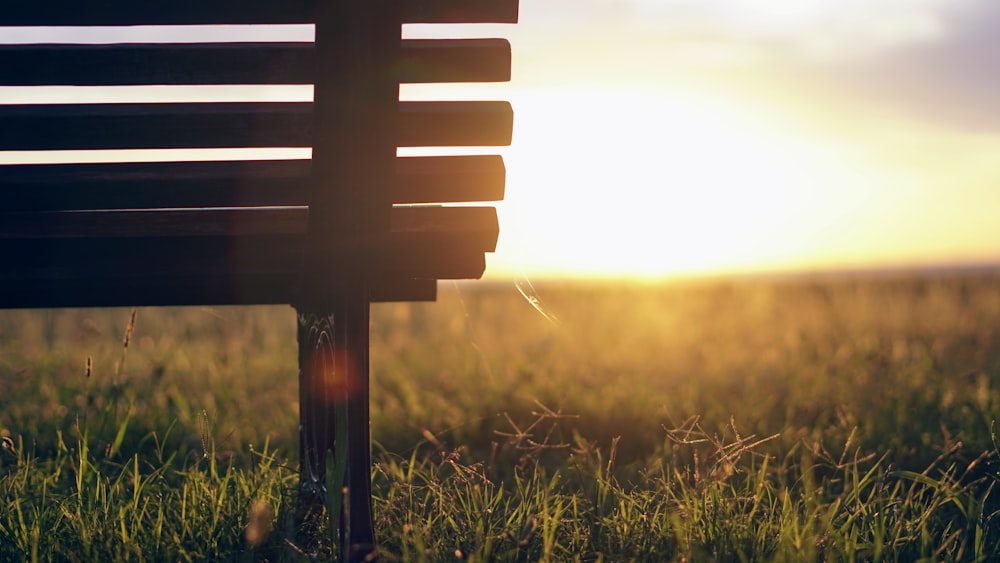 vacant black wooden bench in green field