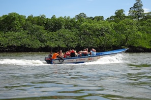 A group of people wearing life vests are traveling on a motorized boat across a wide waterway. Lush green mangrove trees form a dense backdrop, indicating a tropical environment. The surface of the water is slightly disturbed by the boat's wake.