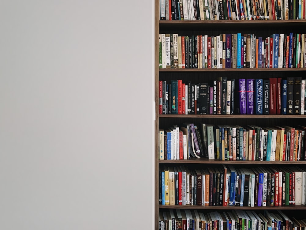 assorted book lot in brown wooden bookcase