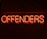 A neon sign displaying the word 'OFFENDERS' in vibrant red against a dark background.