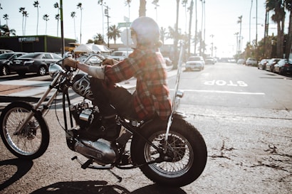 A person wearing a helmet and a plaid shirt rides a vintage-style motorcycle on a sunny road lined with palm trees and parked cars. The atmosphere is relaxed and adventurous, capturing a sense of freedom and open road.
