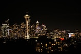 A nighttime view of a city skyline with numerous illuminated skyscrapers and buildings. The prominent Space Needle stands out, glowing against the dark sky. A Ferris wheel is visible in the distance, adding to the urban landscape.